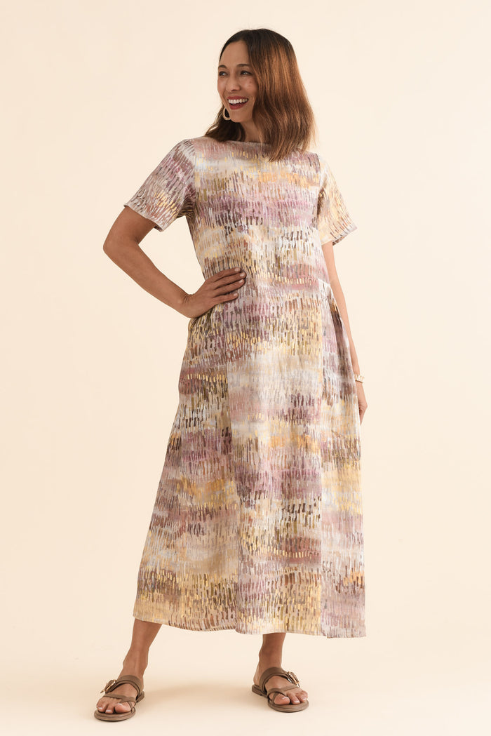 Perlina Yellow Abstract Linen Dress,Full Body,Brunette model,alt text|model:Cara