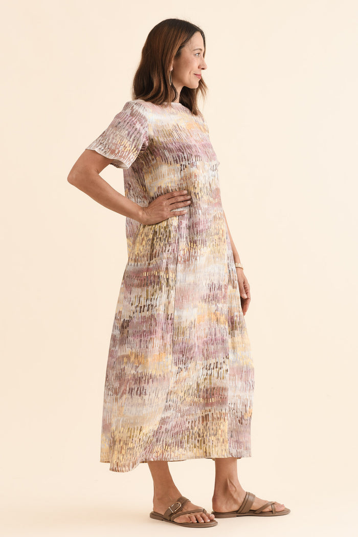 Perlina Yellow Abstract Linen Dress,Side,Brunette model,alt text|model:Cara