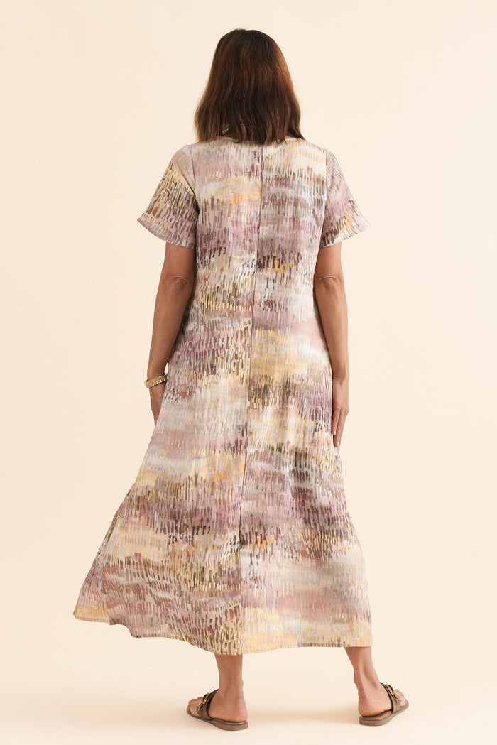 Perlina Yellow Abstract Linen Dress,Back,Brunette model,alt text|model:Cara