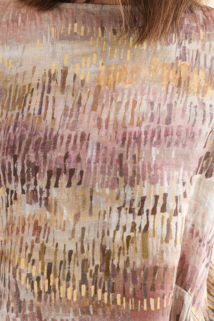 Perlina Yellow Abstract Linen Dress,Detail,Brunette model,alt text|model:Cara