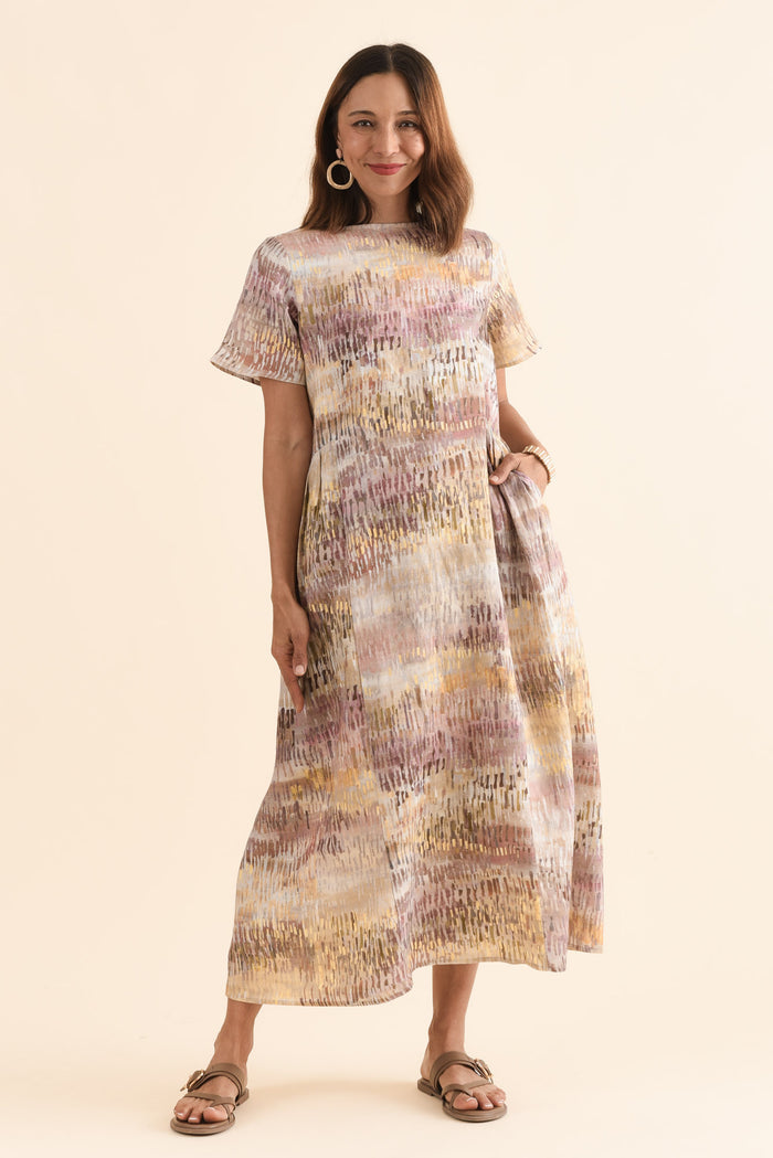 Perlina Yellow Abstract Linen Dress,Full Body,Brunette model,alt text|model:Cara