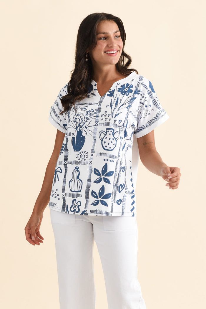 Perrie Blue Tile V Neck Top,Brunette model,alt text|model:Brontie