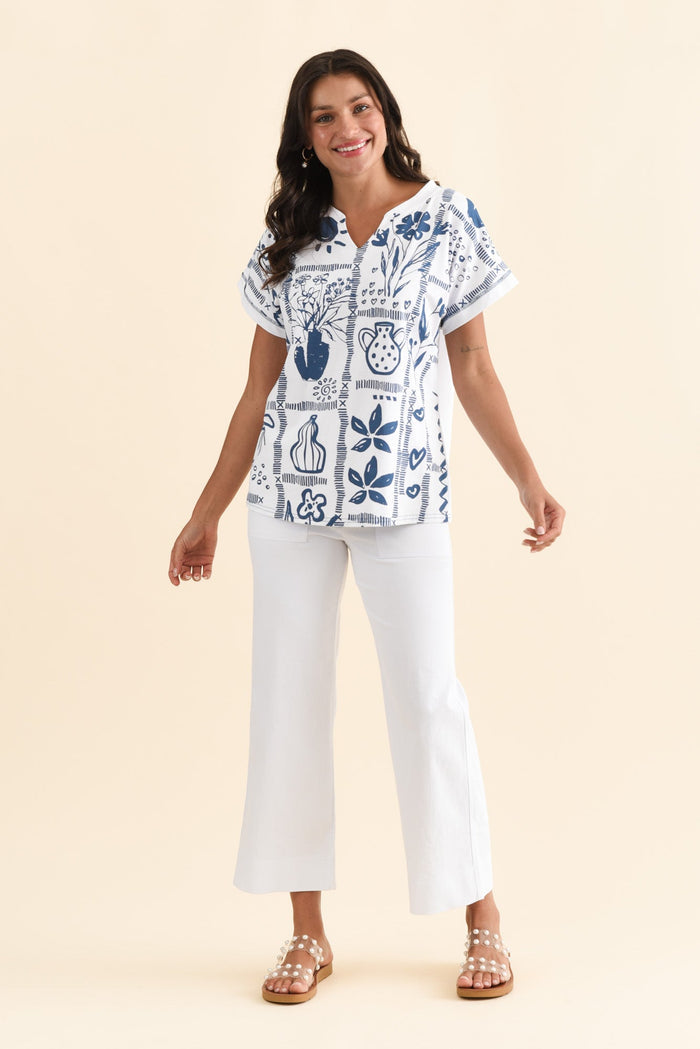 Perrie Blue Tile V Neck Top,Brunette model,alt text|model:Brontie