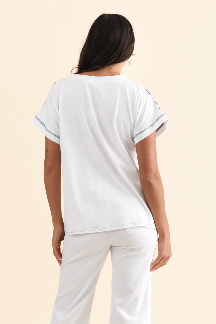 Perrie Blue Tile V Neck Top,Brunette model,alt text|model:Brontie
