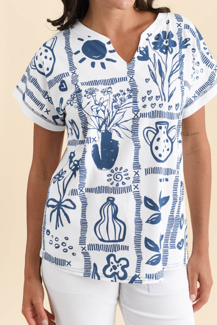 Perrie Blue Tile V Neck Top,Brunette model,alt text|model:Brontie