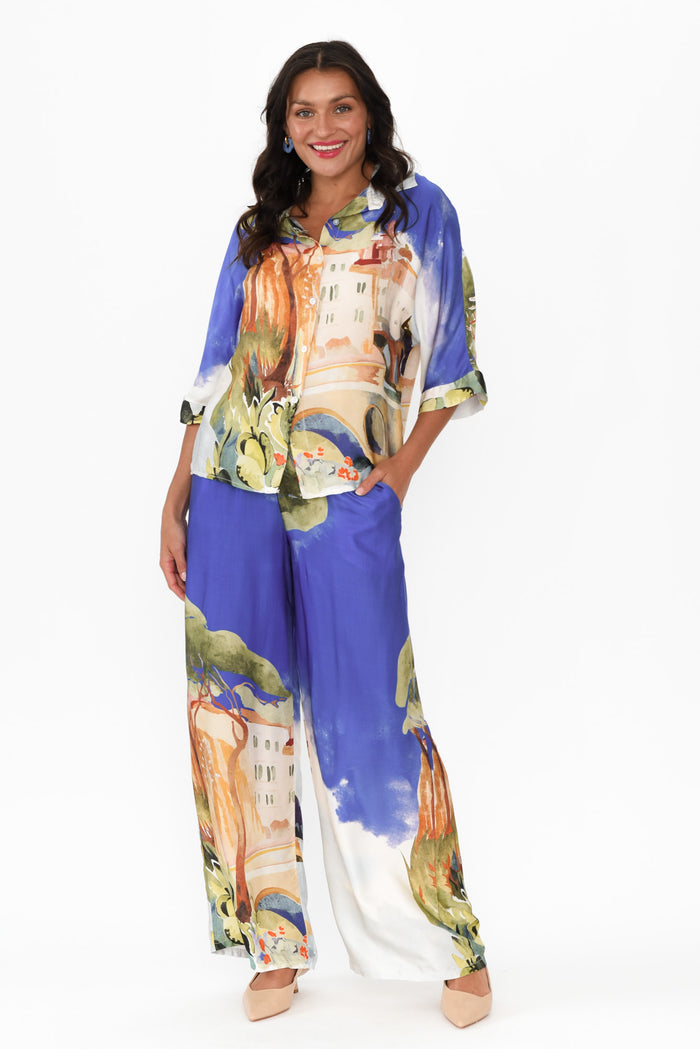 Persephone Cobalt Vista Wide Leg Pants,Brunette model,alt text|model:Brontie