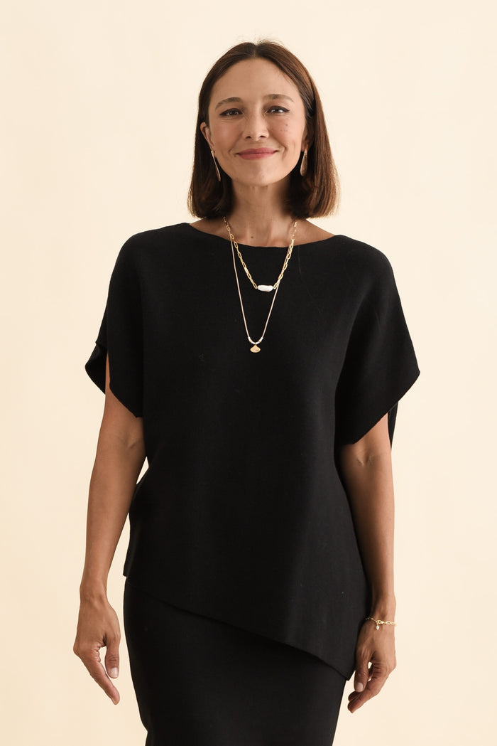 Petra Black Cotton Blend Knit Top,Brunette model,alt text|model:Cara