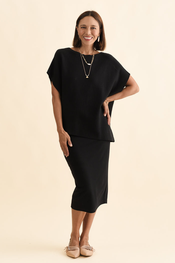 Petra Black Cotton Blend Knit Top,Brunette model,alt text|model:Cara