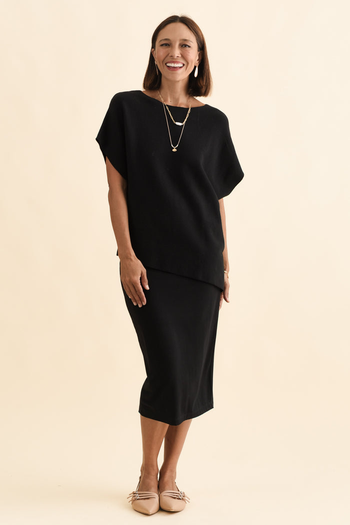 Petra Black Cotton Blend Knit Top,Brunette model,alt text|model:Cara