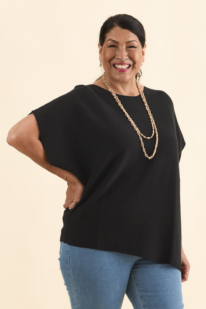 Petra Black Cotton Blend Knit Top,Brunette model,alt text|model:Pilita