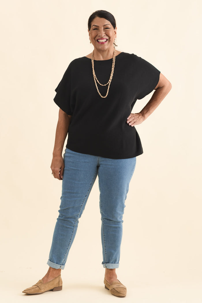 Petra Black Cotton Blend Knit Top,Brunette model,alt text|model:Pilita