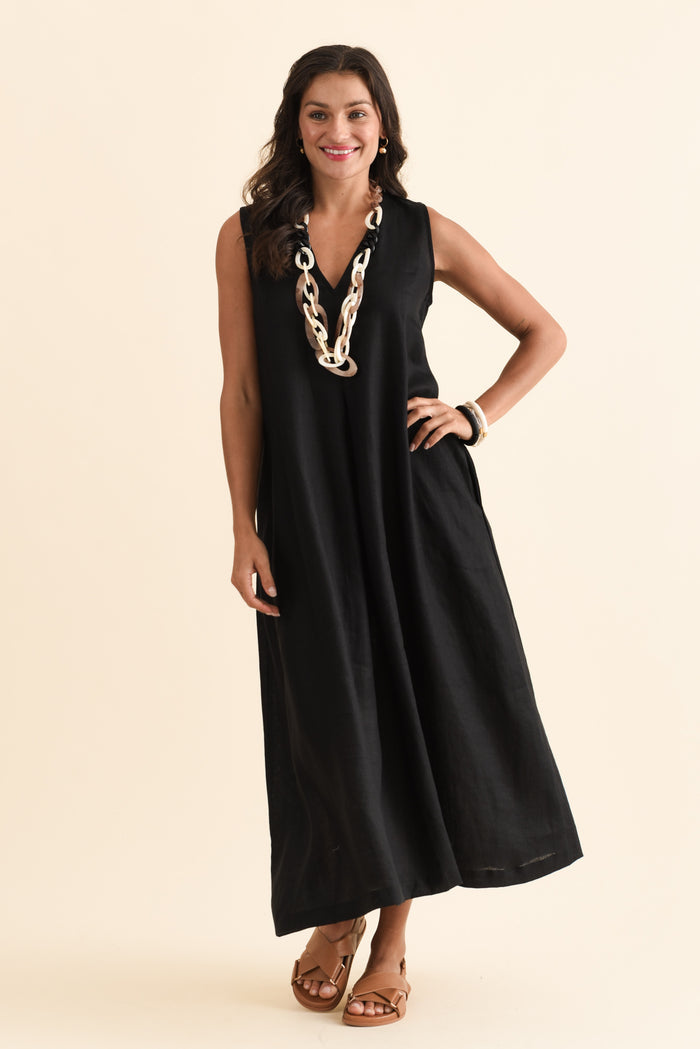 Phoebe Black Linen Midi Dress,Brunette model,alt text|model:Brontie
