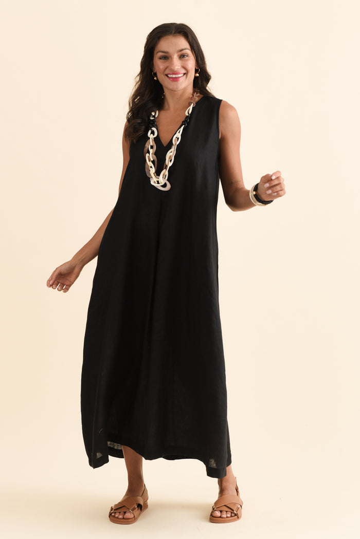 Phoebe Black Linen Midi Dress,Brunette model,alt text|model:Brontie
