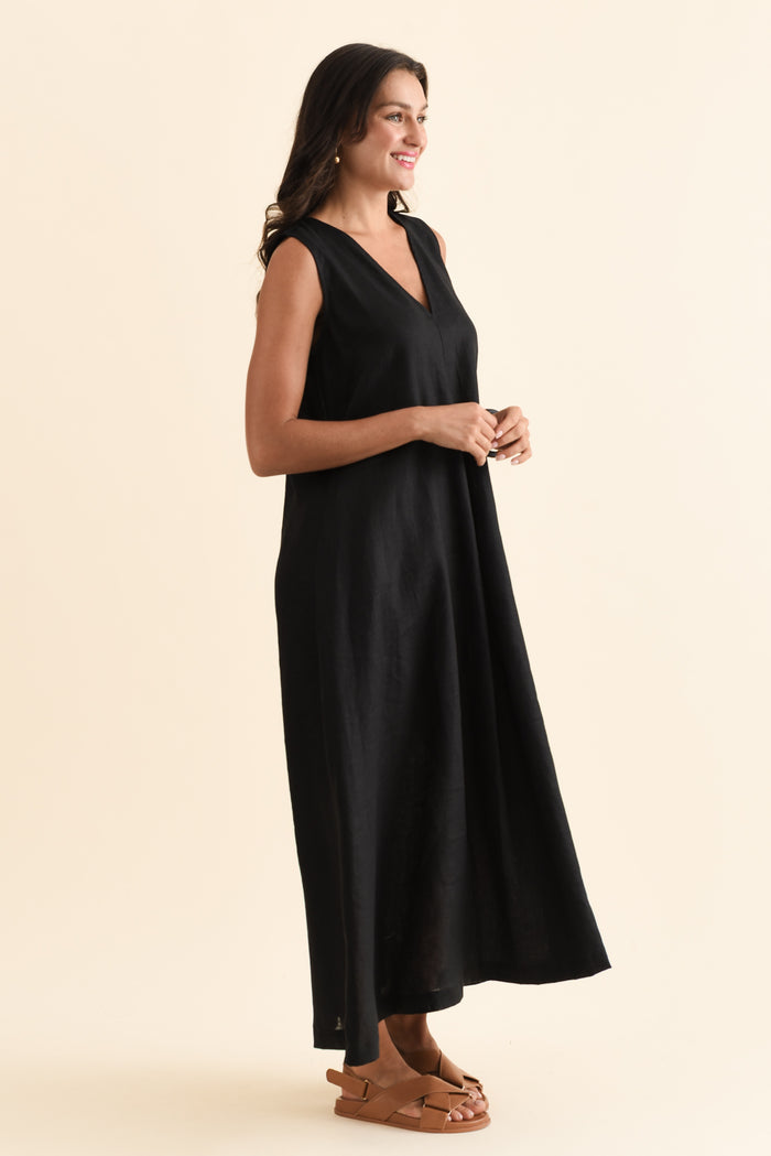 Phoebe Black Linen Midi Dress,Brunette model,alt text|model:Brontie