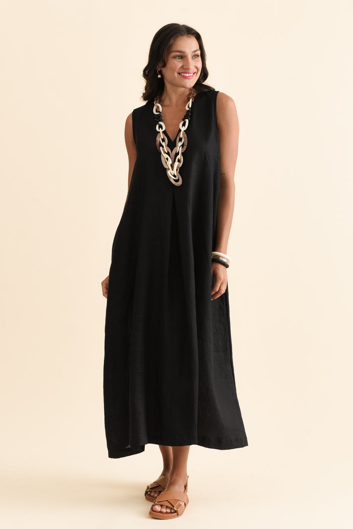 Phoebe Black Linen Midi Dress,Brunette model,alt text|model:Brontie