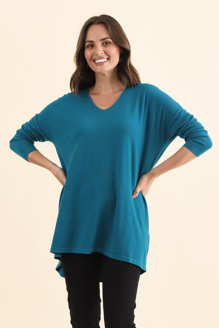Piper Teal V Neck Knit Jumper,Brunette model,alt text|model:MJ