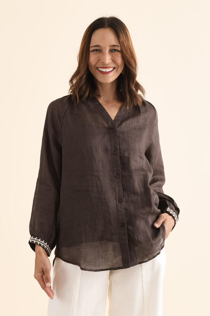 Pixie Chocolate Cotton Embroidered Blouse,Front,Brunette model,alt text|model:Cara