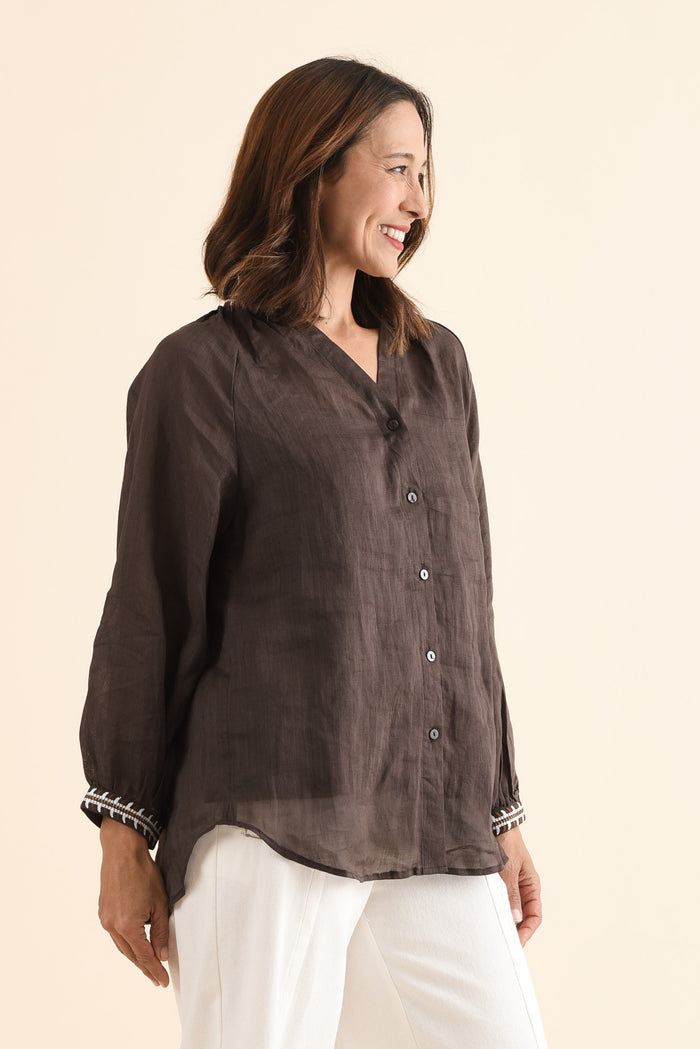 Pixie Chocolate Cotton Embroidered Blouse,Side,Brunette model,alt text|model:Cara