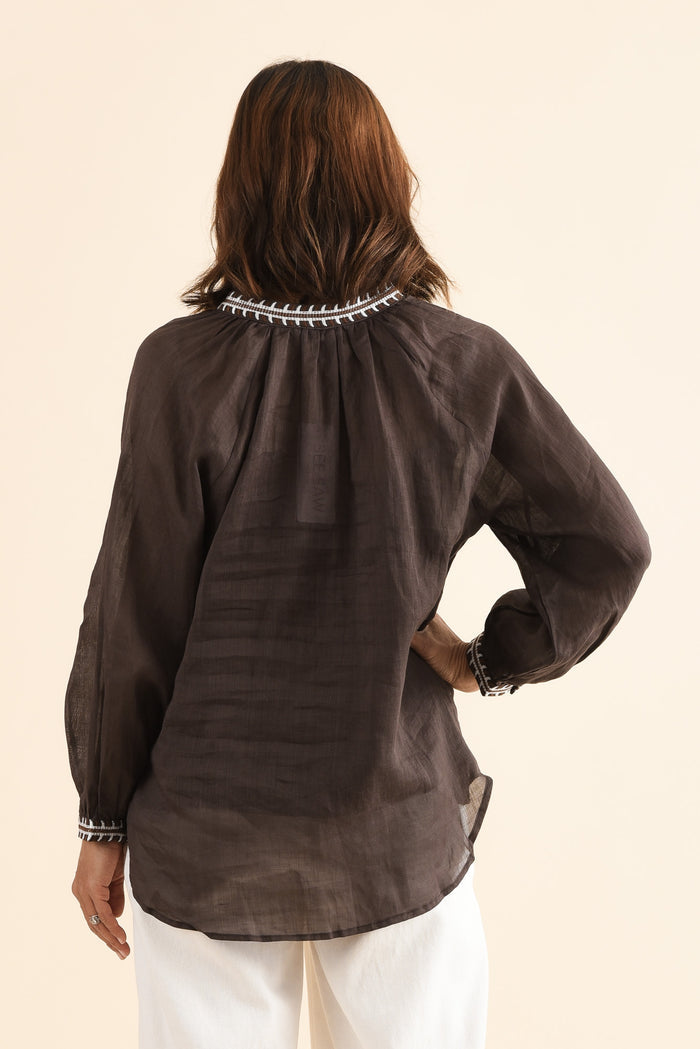 Pixie Chocolate Cotton Embroidered Blouse,Back,Brunette model,alt text|model:Cara