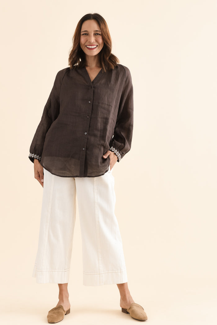 Pixie Chocolate Cotton Embroidered Blouse,Full Body,Brunette model,alt text|model:Cara
