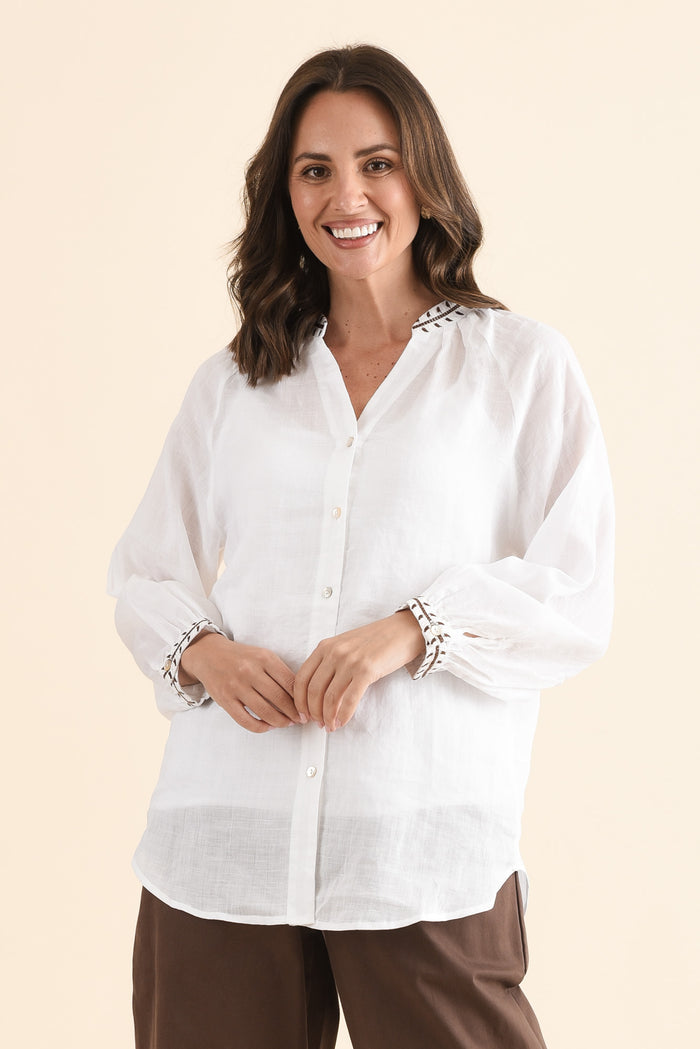 Pixie White Cotton Embroidered Blouse,Front,Brunette model,alt text|model:MJ