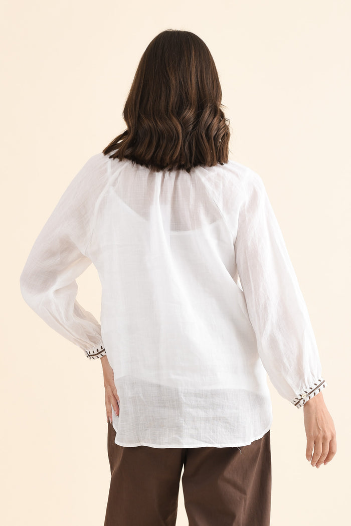 Pixie White Cotton Embroidered Blouse,Back,Brunette model,alt text|model:MJ