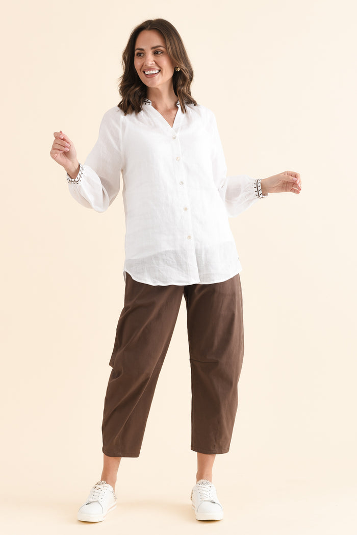 Pixie White Cotton Embroidered Blouse,Full Body,Brunette model,alt text|model:MJ