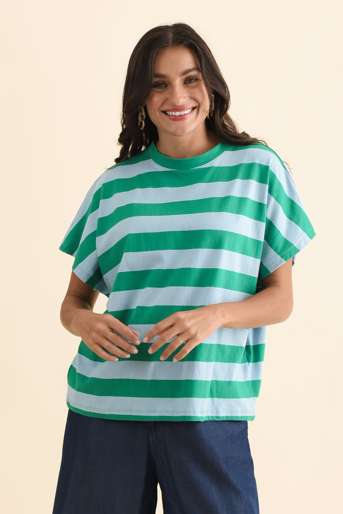 Poet Teal Stripe Cotton Tee,Brunette model,alt text|model:Brontie