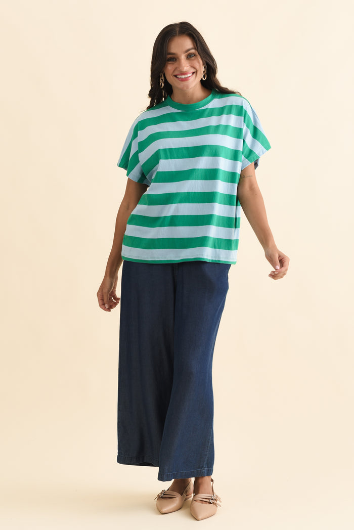 Poet Teal Stripe Cotton Tee,Brunette model,alt text|model:Brontie
