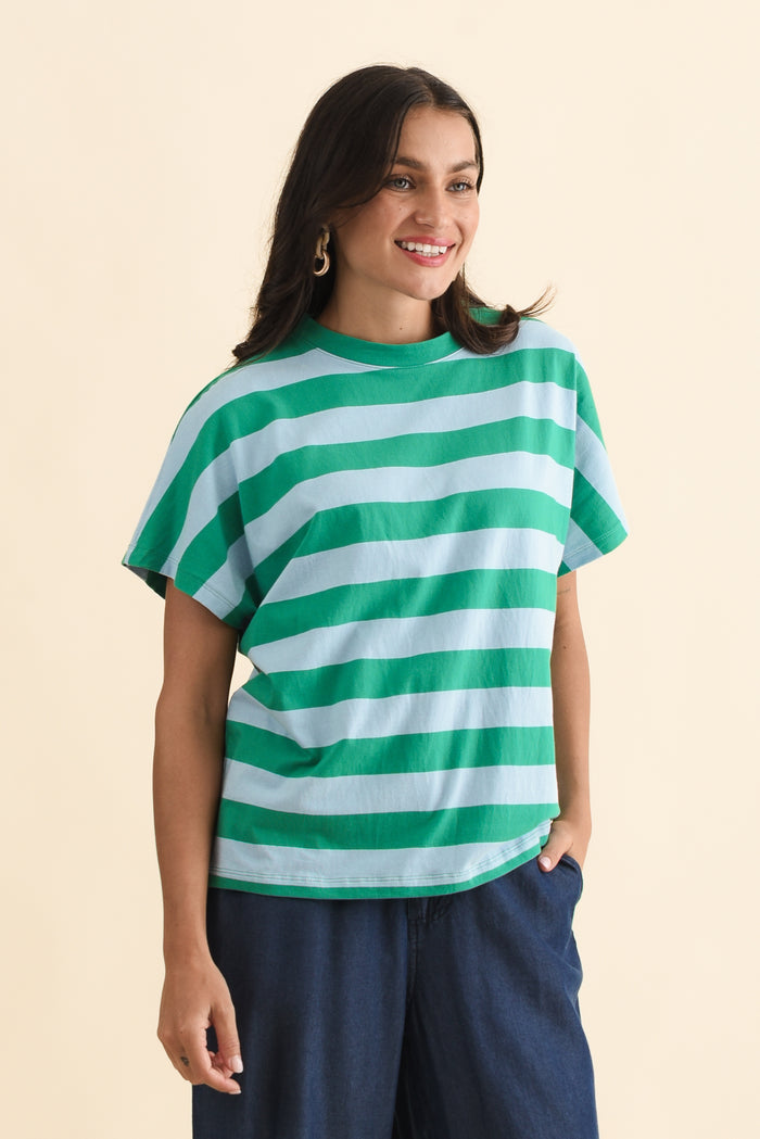 Poet Teal Stripe Cotton Tee,Brunette model,alt text|model:Brontie