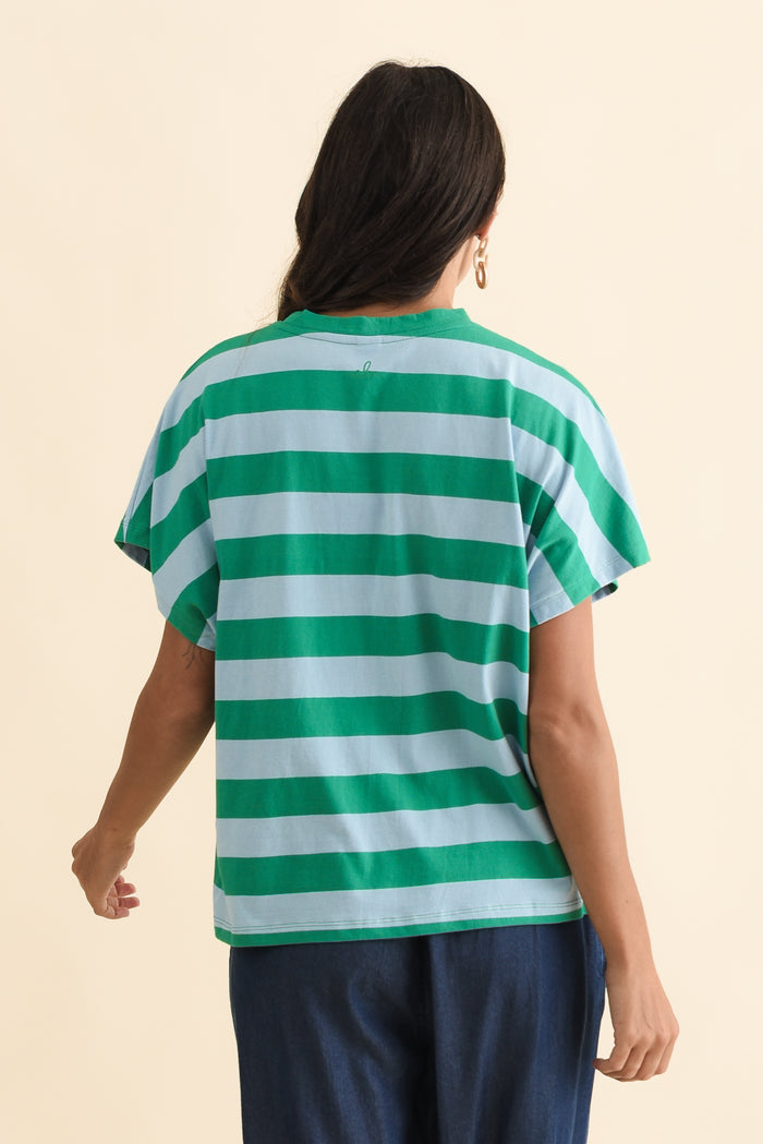 Poet Teal Stripe Cotton Tee,Brunette model,alt text|model:Brontie