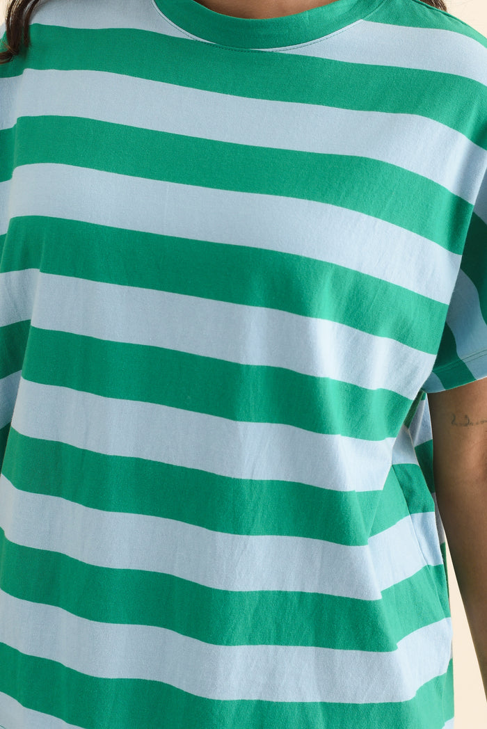 Poet Teal Stripe Cotton Tee,Brunette model,alt text|model:Brontie