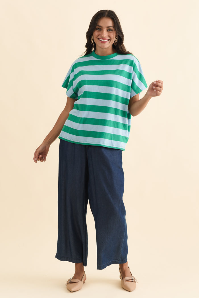 Poet Teal Stripe Cotton Tee,Brunette model,alt text|model:Brontie