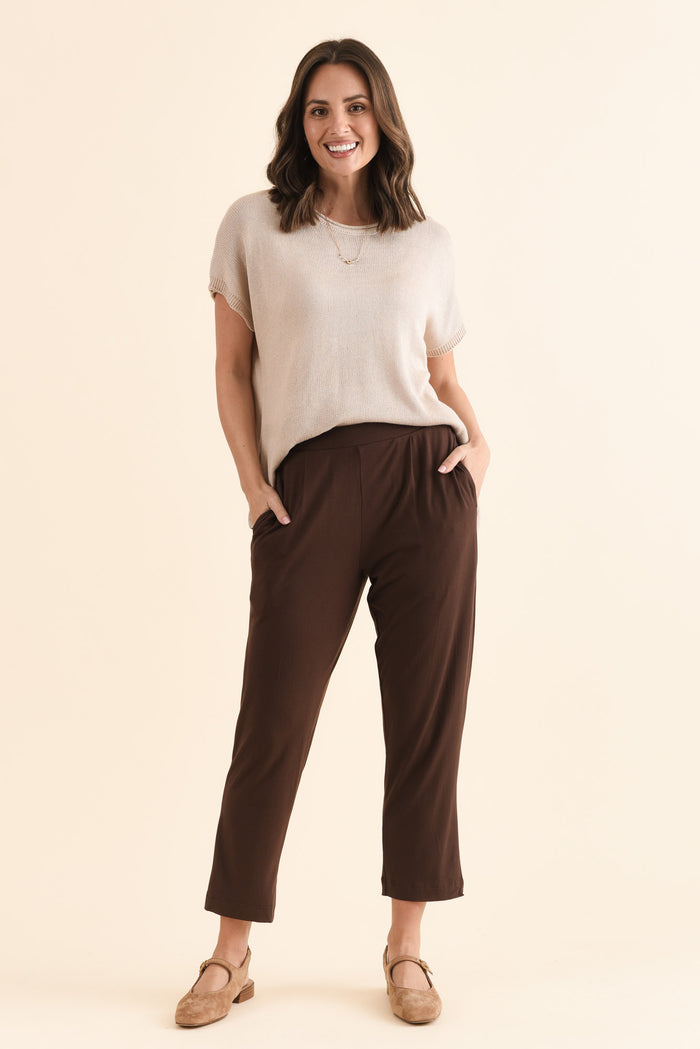 Polaris Chocolate Bamboo Cropped Pants,Full Body,Brunette model,alt text|model:MJ