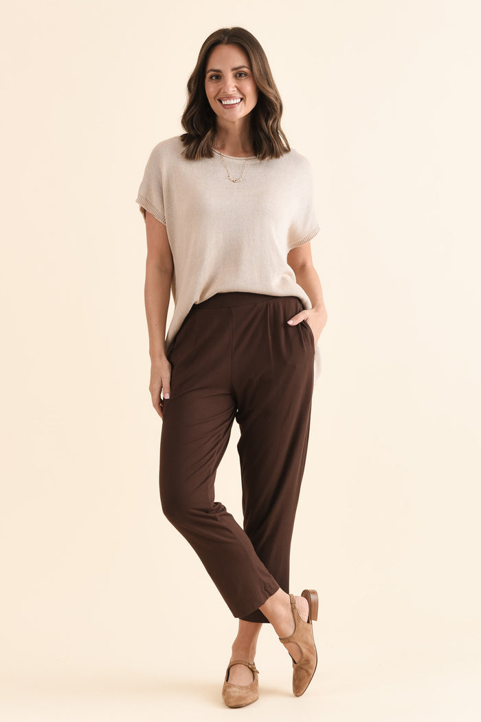 Polaris Chocolate Bamboo Cropped Pants,Full Body,Brunette model,alt text|model:MJ