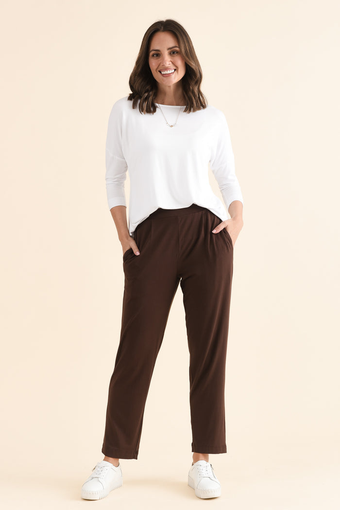 Polaris Chocolate Bamboo Pants,Full Body,Brunette model,alt text|model:MJ