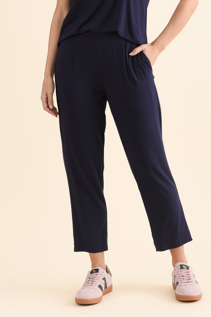 Polaris Navy Bamboo Cropped Pants,Front,Brunette model,alt text|model:MJ