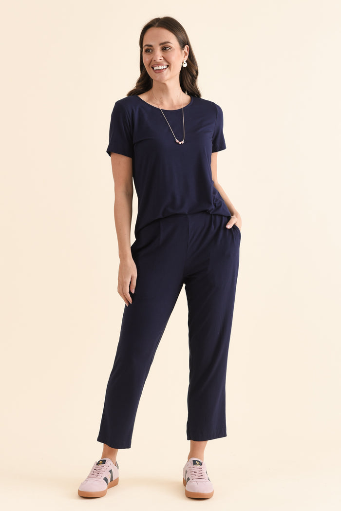 Polaris Navy Bamboo Cropped Pants,Full Body,Brunette model,alt text|model:MJ