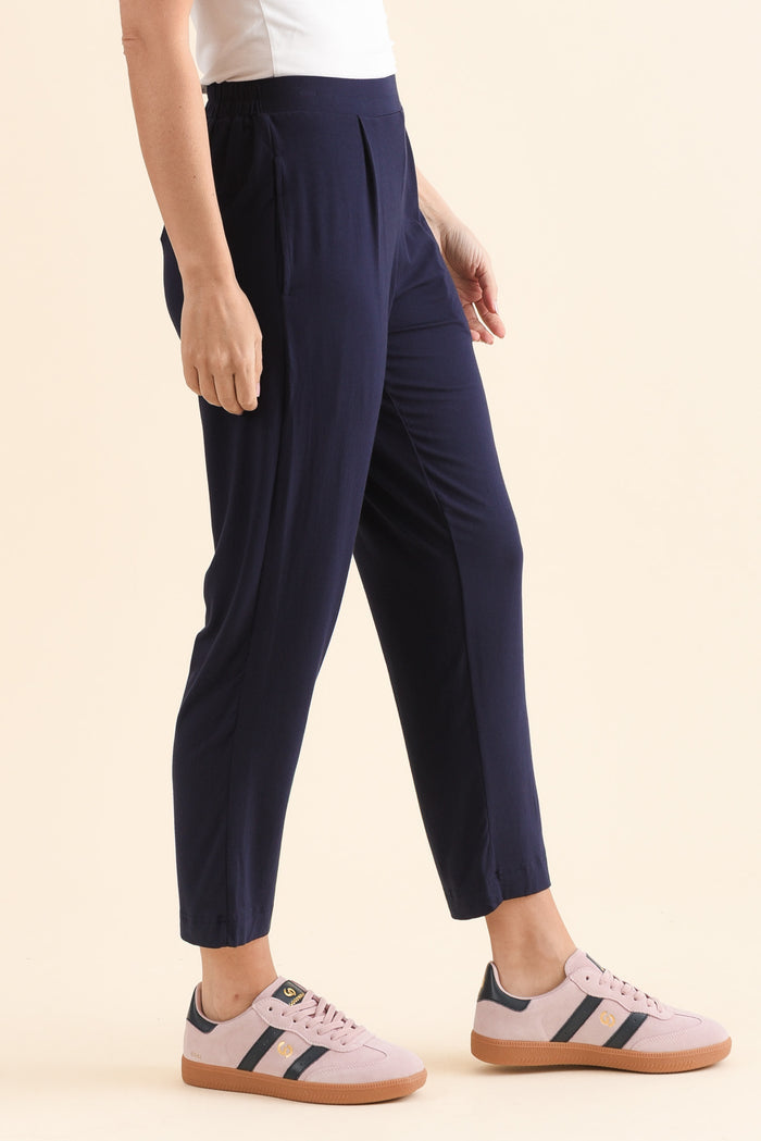 Polaris Navy Bamboo Cropped Pants,Side,Brunette model,alt text|model:MJ