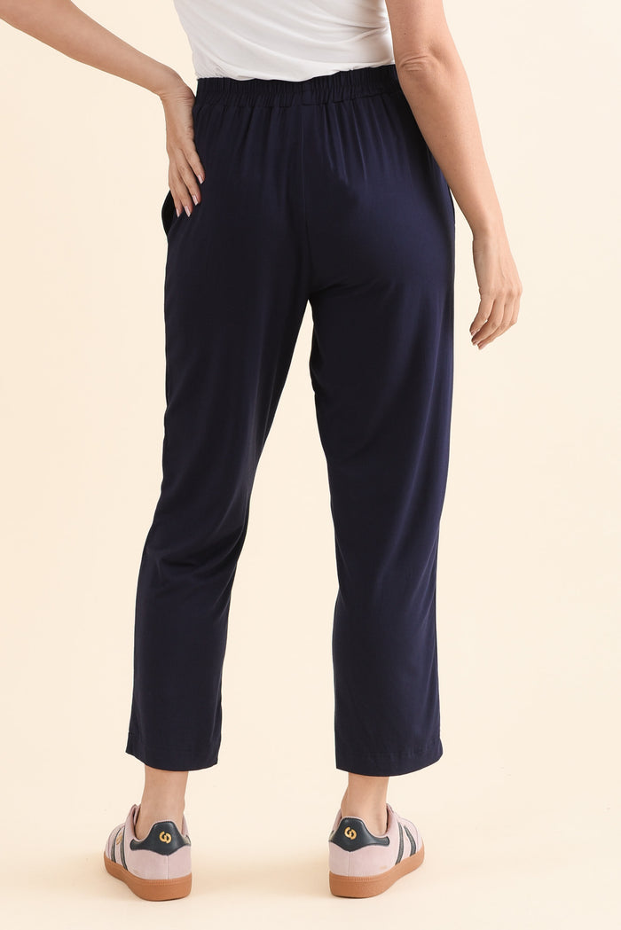 Polaris Navy Bamboo Cropped Pants,Back,Brunette model,alt text|model:MJ
