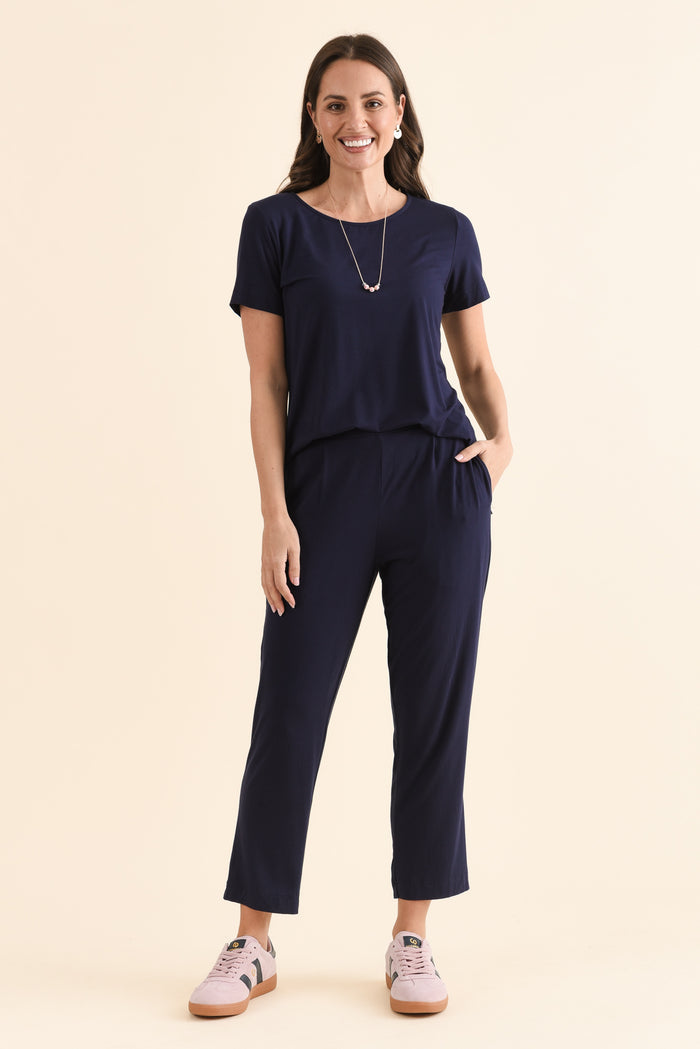 Polaris Navy Bamboo Cropped Pants,Full Body,Brunette model,alt text|model:MJ