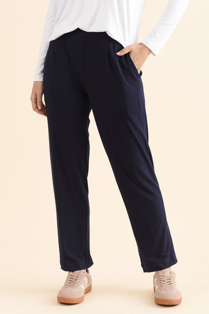 Polaris Navy Bamboo Pants,Front,Brunette model,alt text|model:MJ