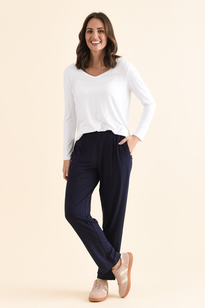 Polaris Navy Bamboo Pants,Full Body,Brunette model,alt text|model:MJ