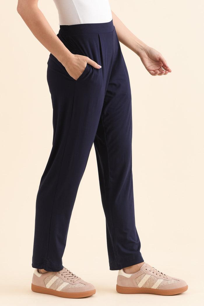 Polaris Navy Bamboo Pants,Side,Brunette model,alt text|model:MJ