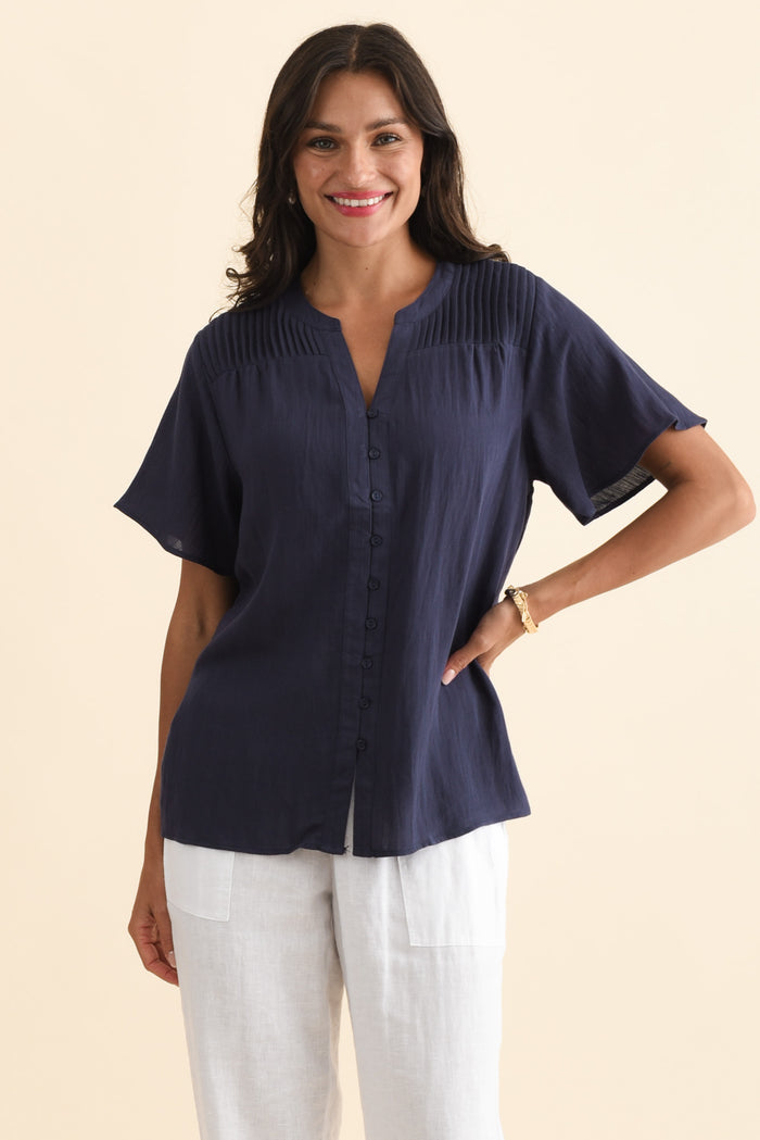 Ponny Navy Linen Blend Button Top,Brunette model,alt text|model:Brontie