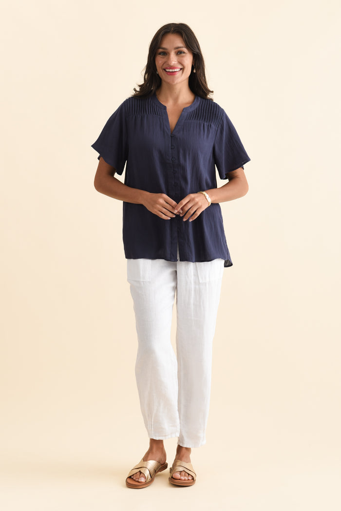 Ponny Navy Linen Blend Button Top,Brunette model,alt text|model:Brontie