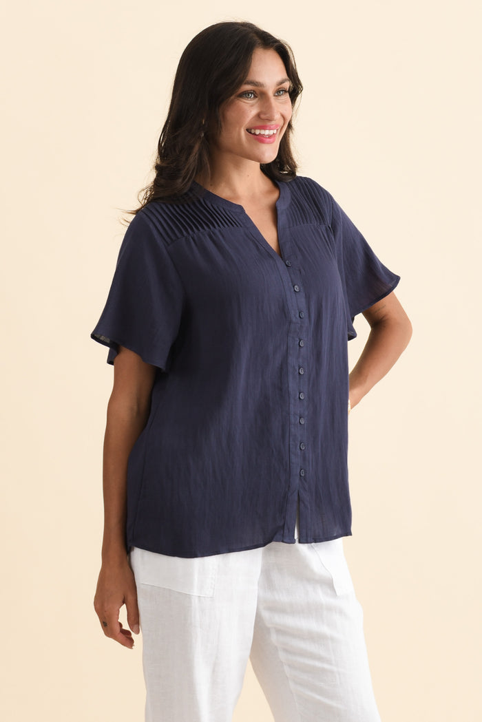 Ponny Navy Linen Blend Button Top,Brunette model,alt text|model:Brontie