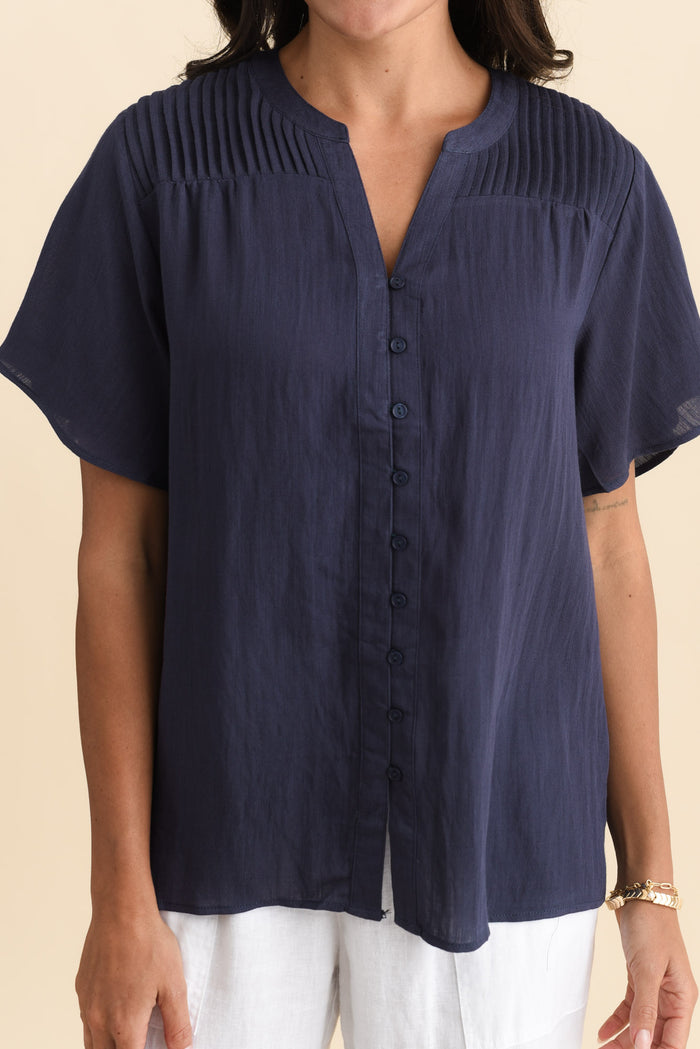 Ponny Navy Linen Blend Button Top,Brunette model,alt text|model:Brontie