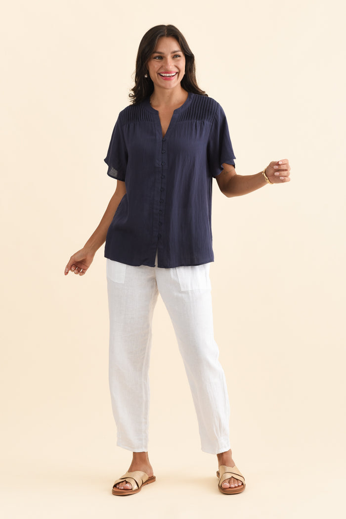 Ponny Navy Linen Blend Button Top,Brunette model,alt text|model:Brontie