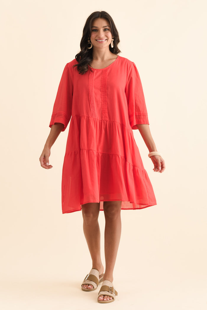 Portia Red Cotton Asymmetrical Dress,Brunette model,alt text|model:Brontie